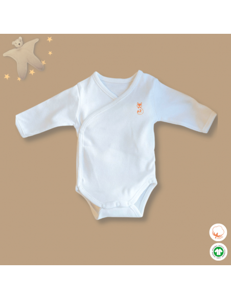 body bébé blanc à plat manches longues, forme croisée, marquage poitrine orange